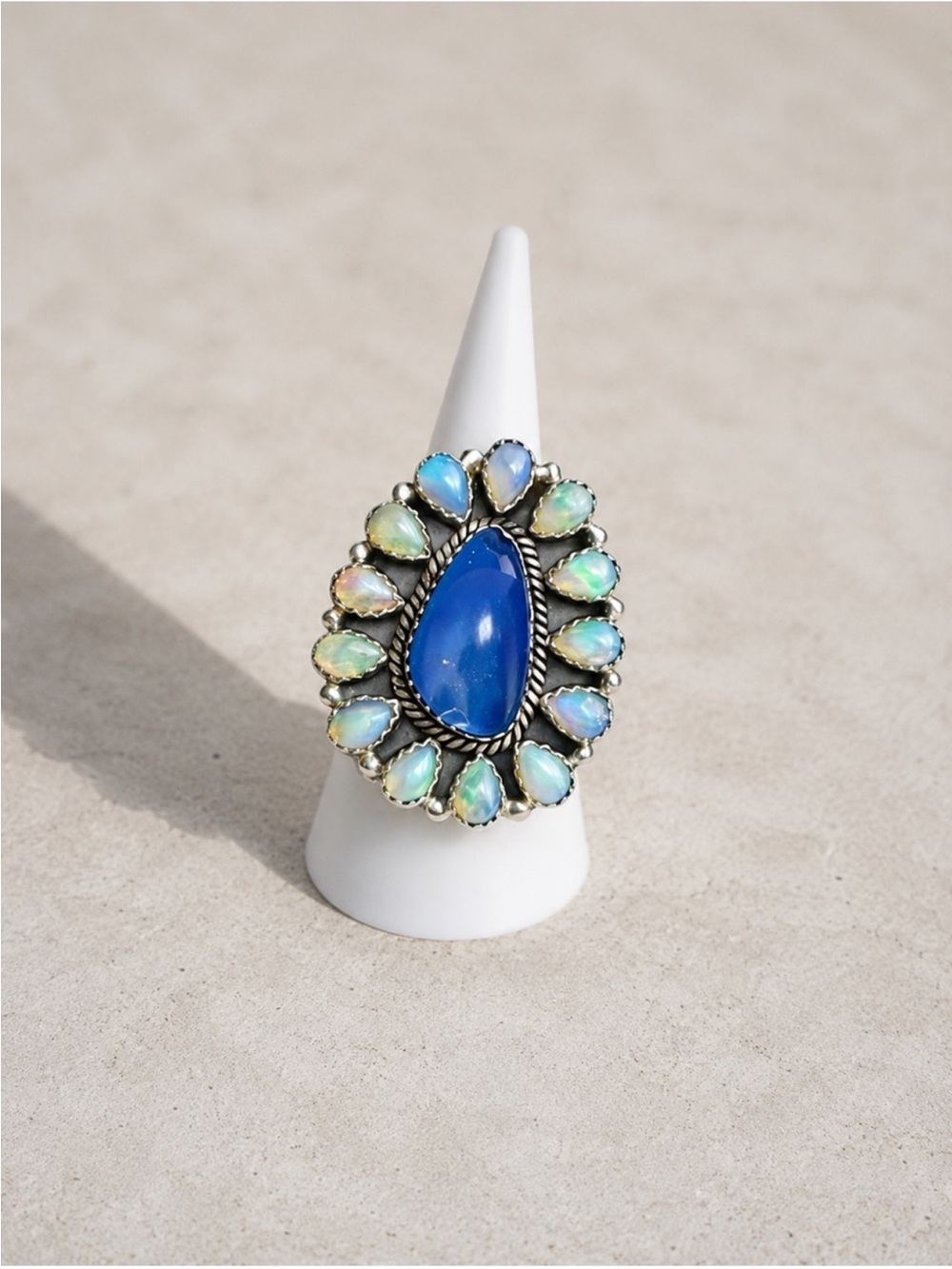 Sterling Silver Blue Chalcedony & Opal Cluster Artisan Ring Size 7.5 Adjustable